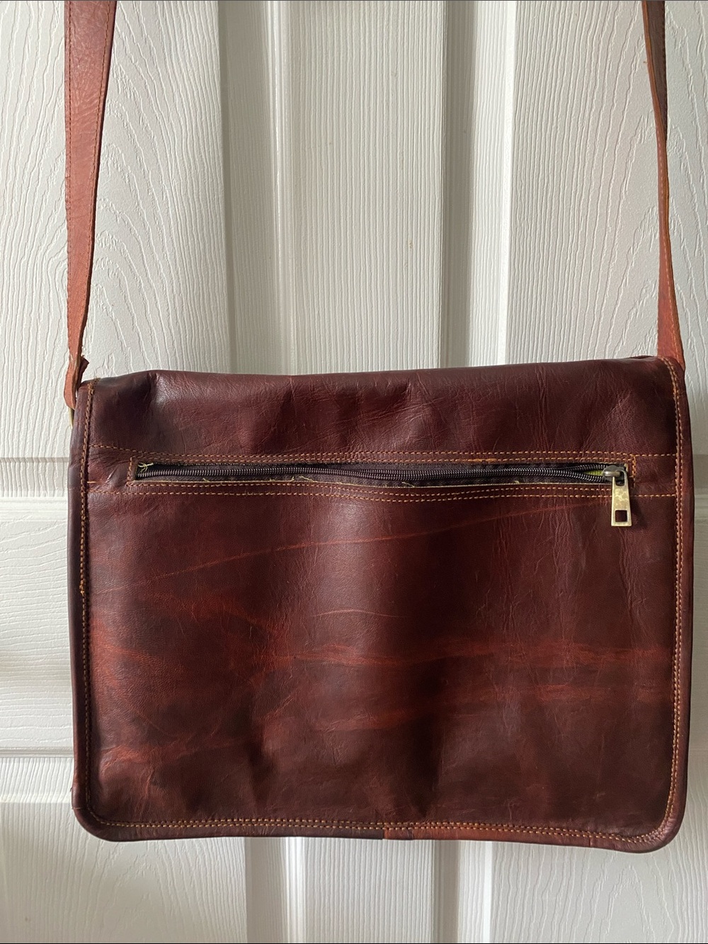 Vintage Brown Leather Messenger Bag with Brass Hardware - Picture 7 of 13